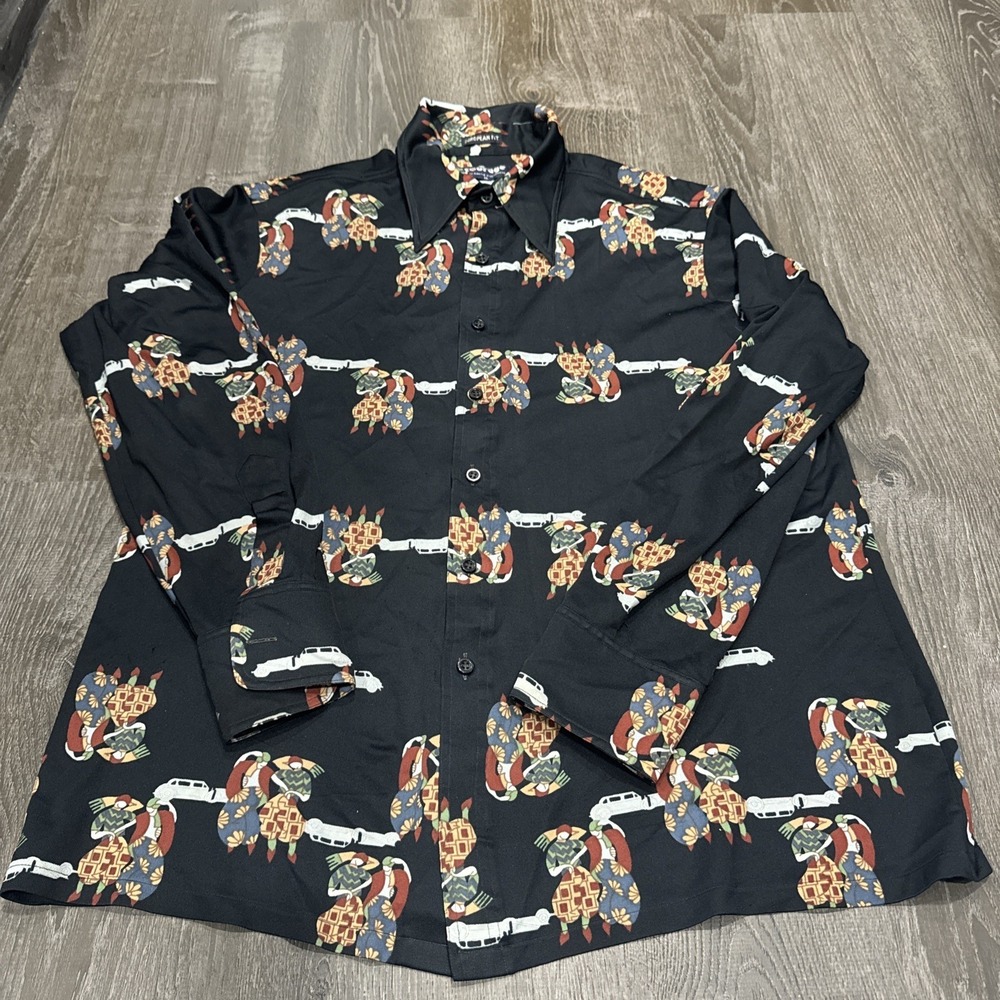 VTG 70s AOP Novelty Print Disco Shirt Size M Abstract City Retro Dagger Collar